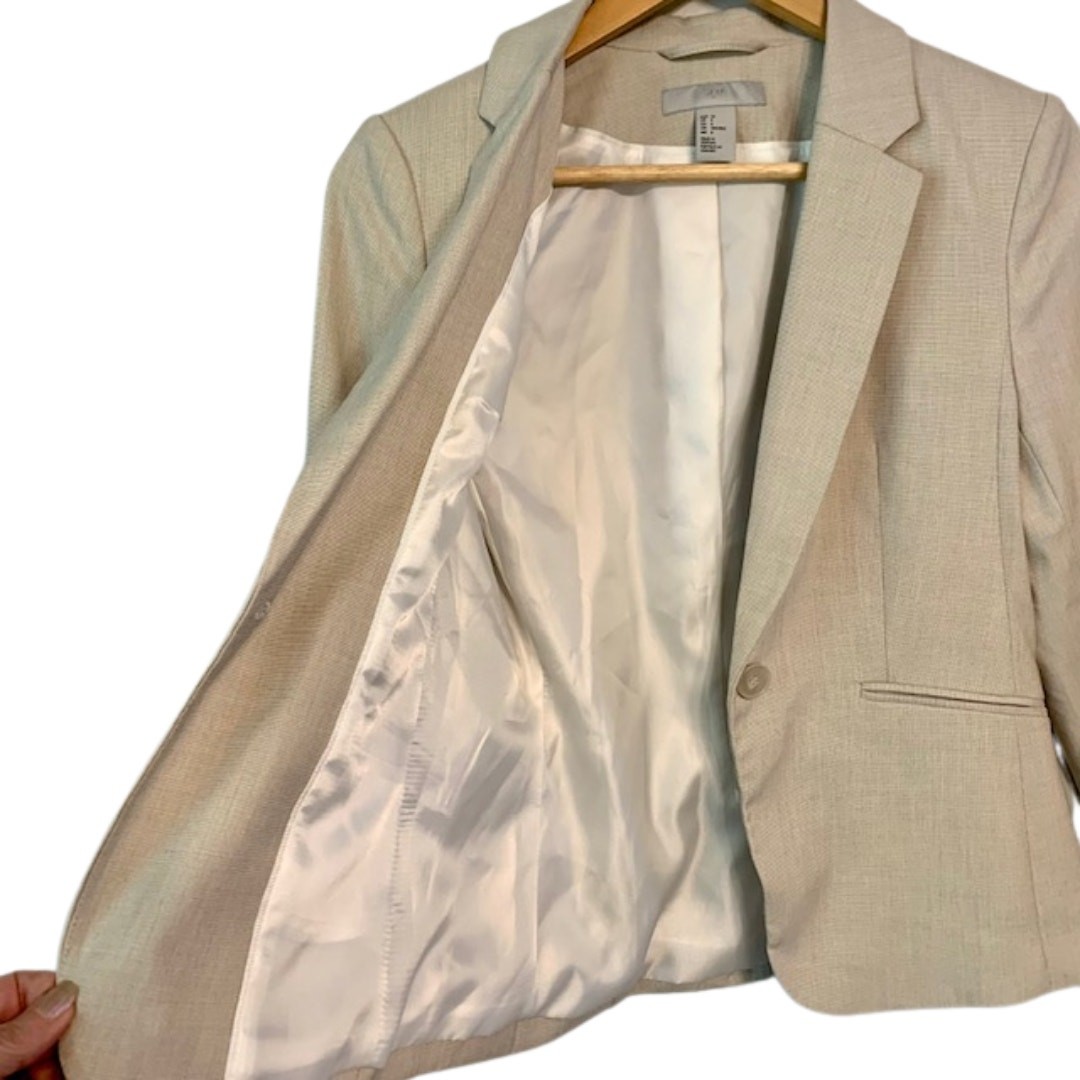H&M Fitted Women Tan Woven Fabric Single Button Lined Jacket Blazer | 6