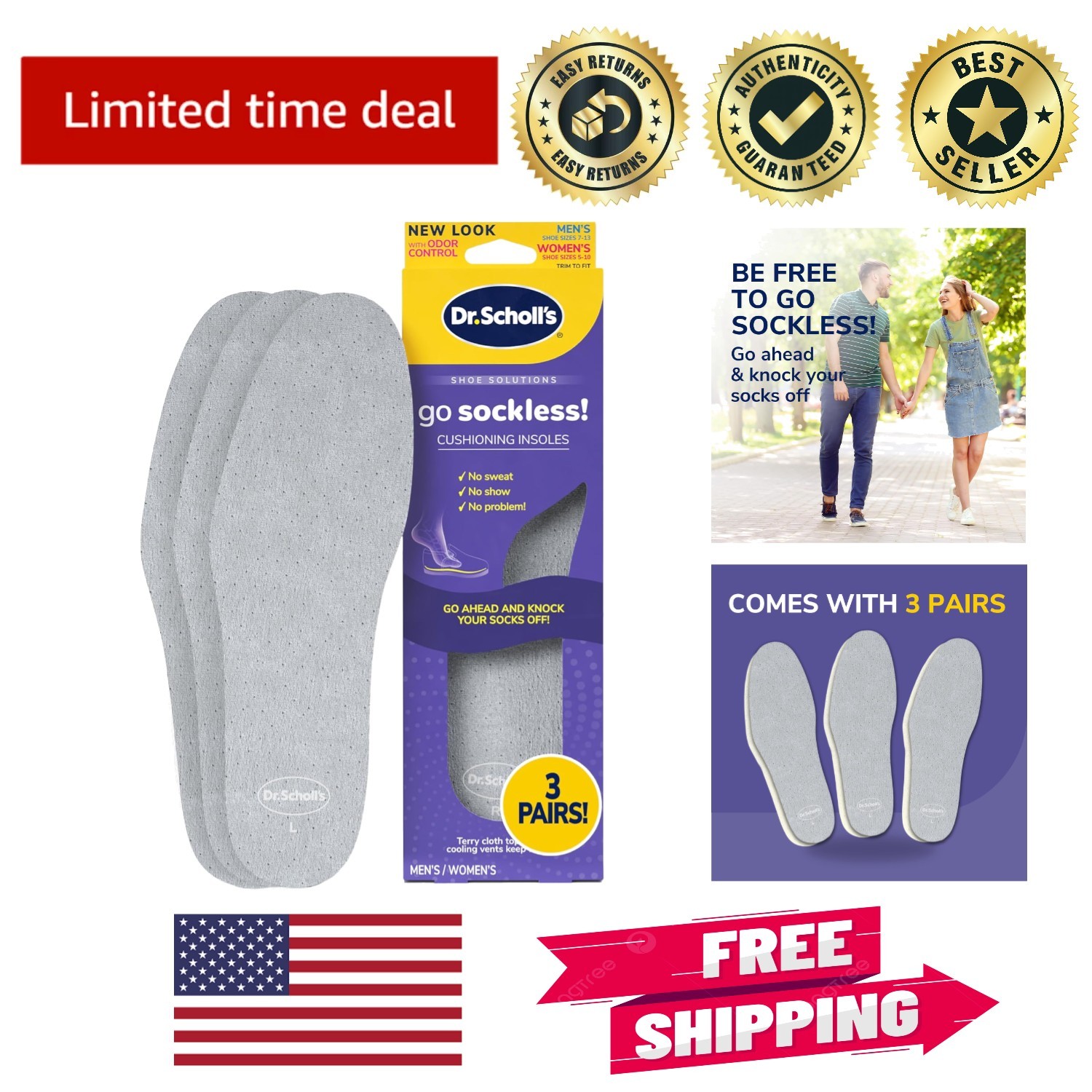 Dr. Scholl’s Go Sockless! Unisex Cushioning Insoles – 3 Pairs, Trim to Fit, Gray