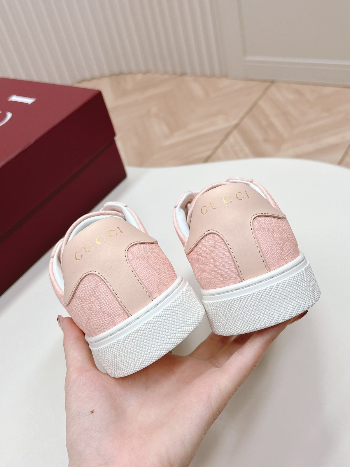 Gucci Ace Pink GG Supreme Canvas Sneakers Women White Web Stripe Low Top Shoes
