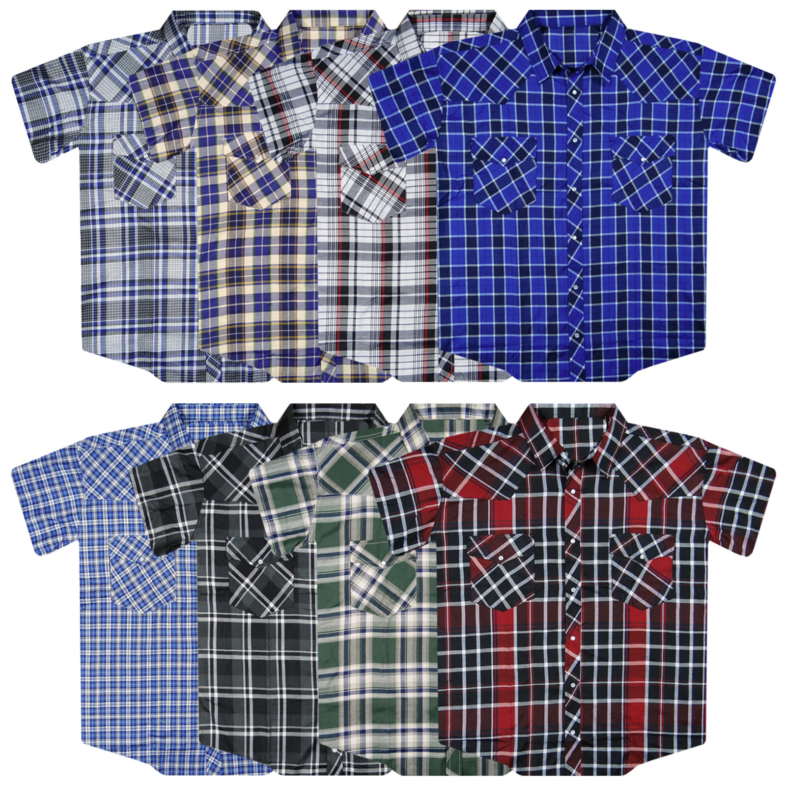 Plaid Western Shirt Mens Short Sleeve Snap Up Pockets New Colors Big 3XL 4XL 5XL