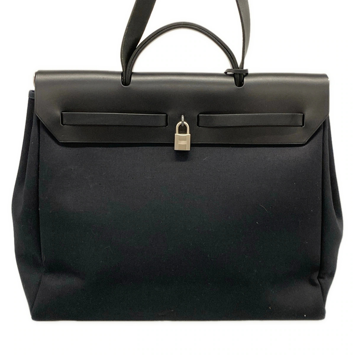 HERMES Her Bag MM Black Toile Officier Leather Square D Handbag