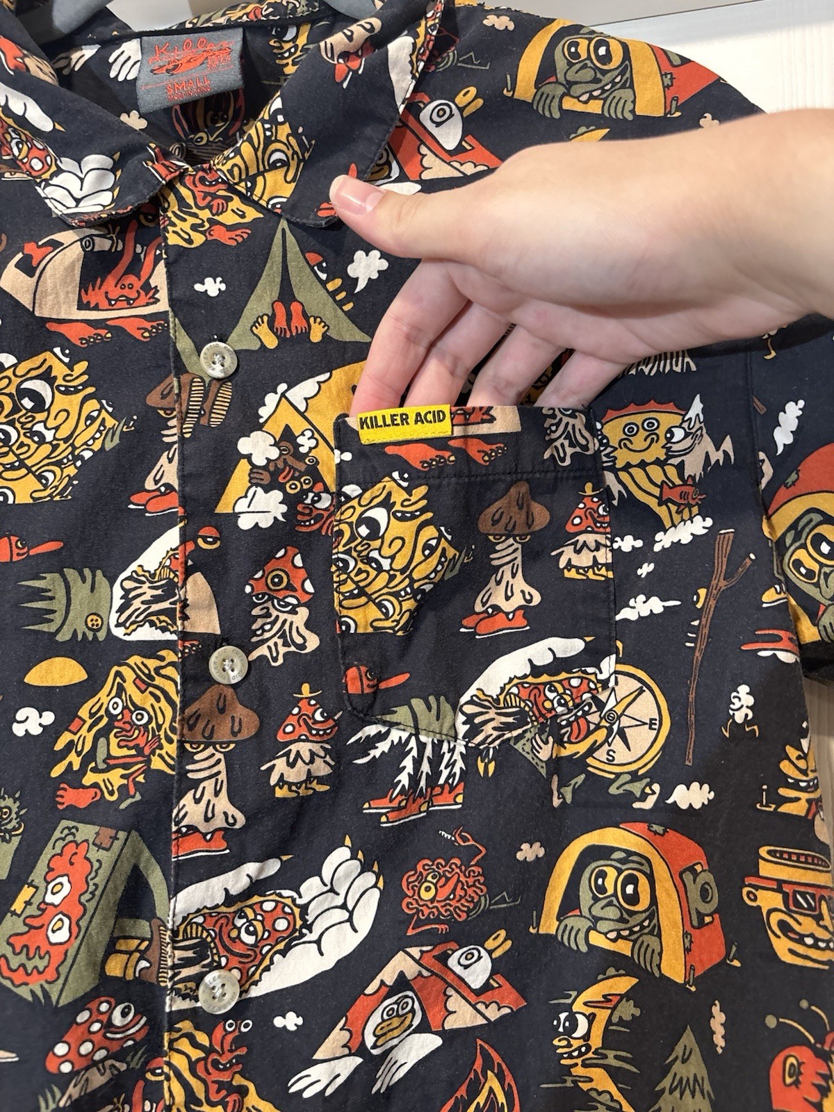 Killer Acid No Bad Trips Print Camp Shirt Button Up Mens Sz Small Mushrooms