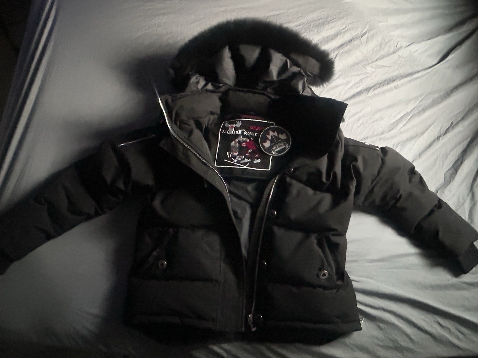 Moose Knuckles Unisex Black Hooded Down Puffer Jacket Fur Trim XL/TG