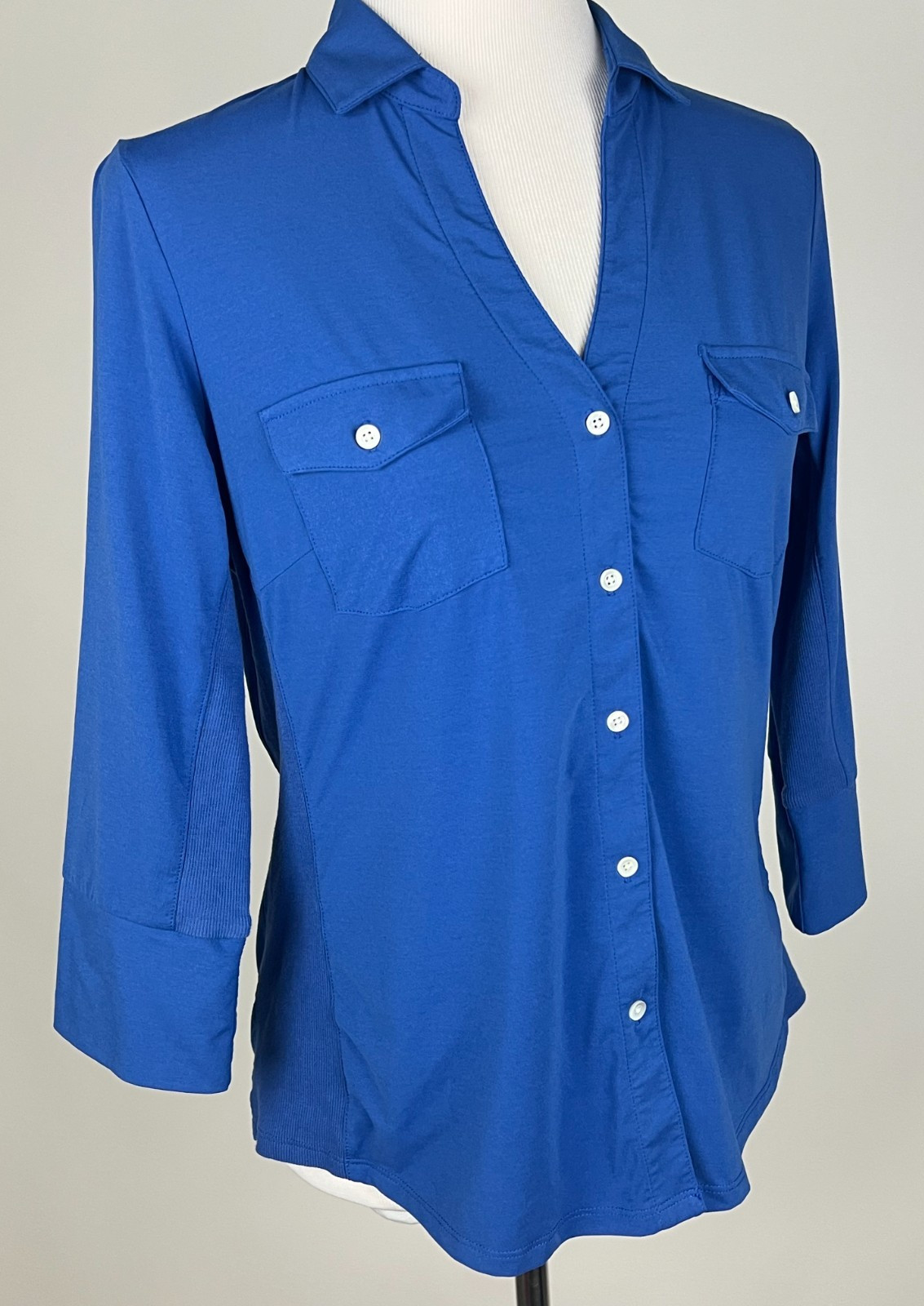 J.MCLAUGHLIN 3/4sl Knit Button Front Polo Shirt w/Ribbed Sides – M, Blue