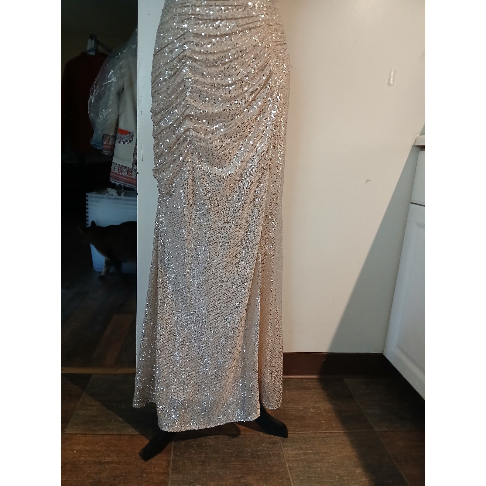 Ladivine Cinderella Divine Sequin Ruched Off Shoulder Evening Gown Champagne L