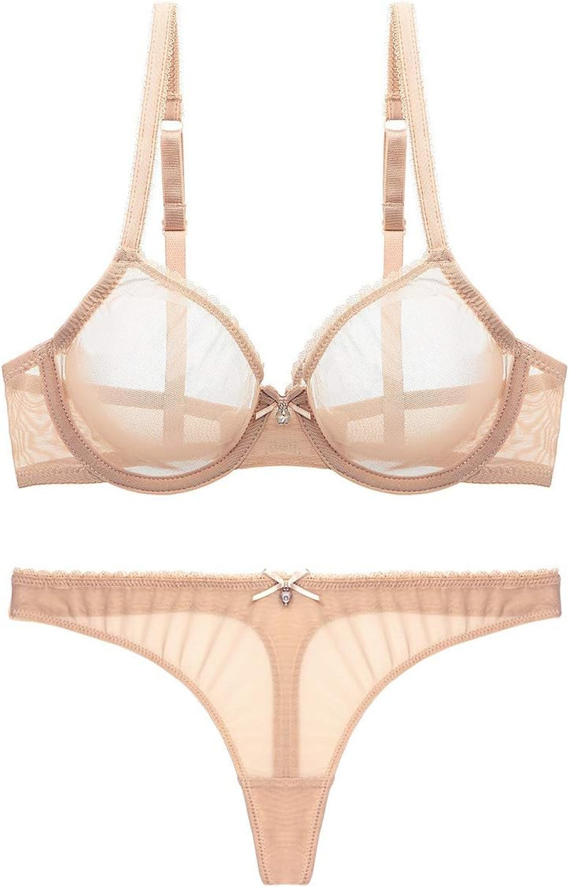 Women’S See through Sheer Mesh Unlined Underwire Everyday Bra and Panties