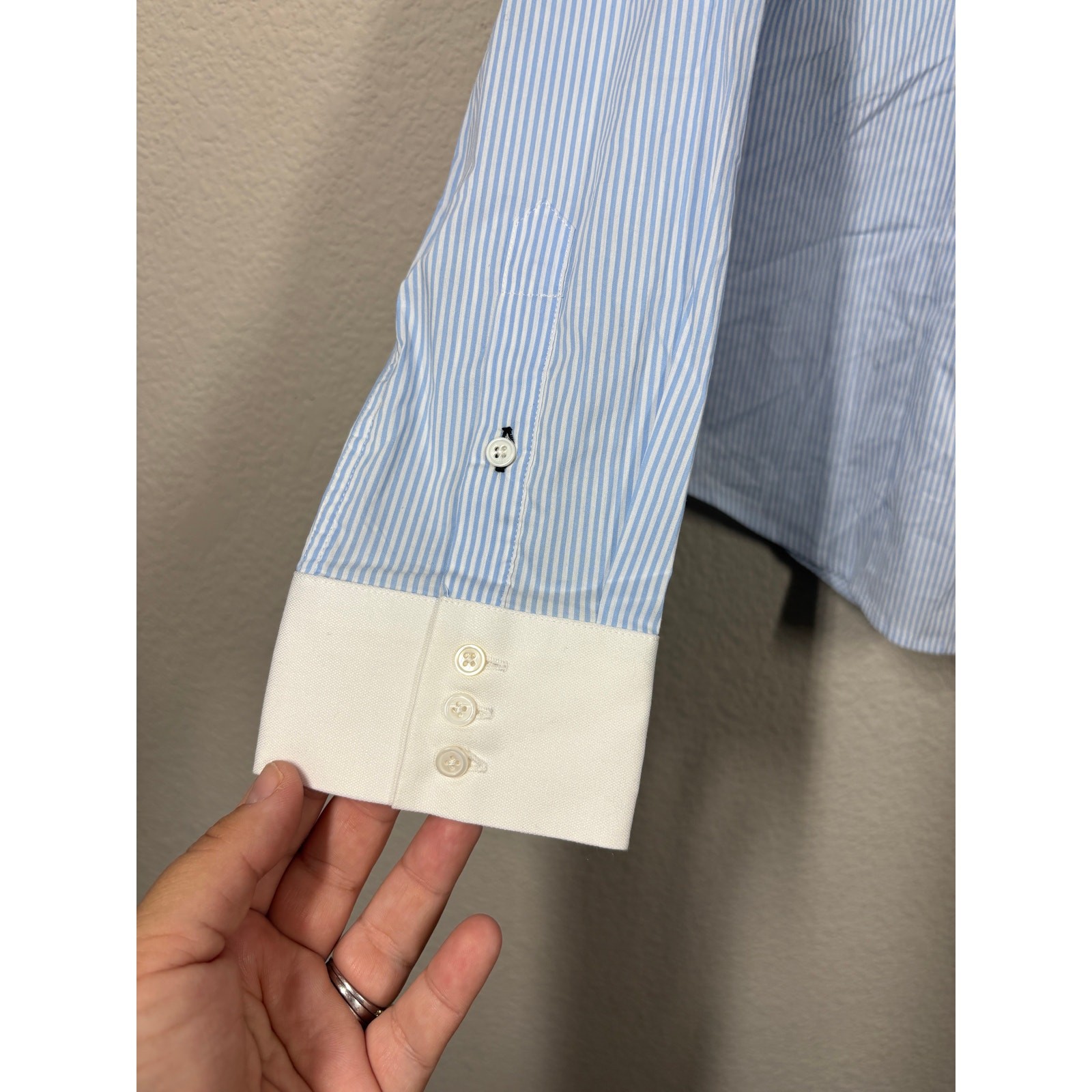 Les Canebiers Large Flat Collared Button Up Shirt Sky Blue Striped Cotton Blend