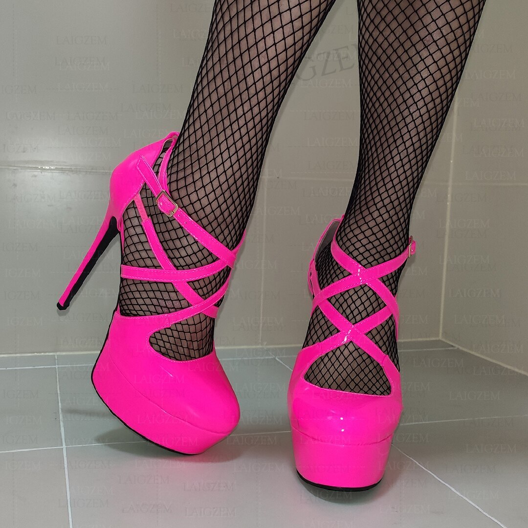 Women Pumps Cross Straps Sexy PlatformThin High Heels Party Shiny Handmade Ladie