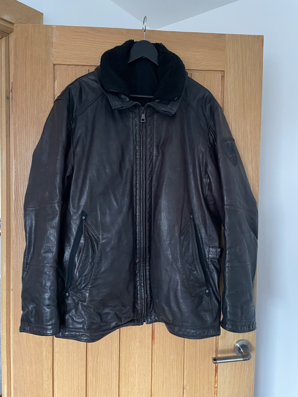 Vintage Brown Strellson Swiss Cross Leather Jacket Coat Size L Large Great Cond