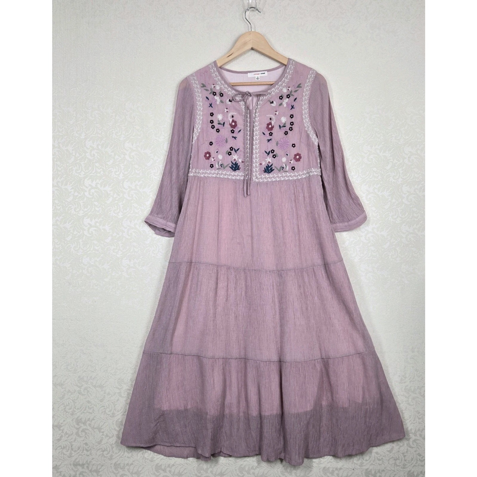 Orange Creek Embroidered Midi Dress XS/S Pink Boho Cottage Romantic Feminine