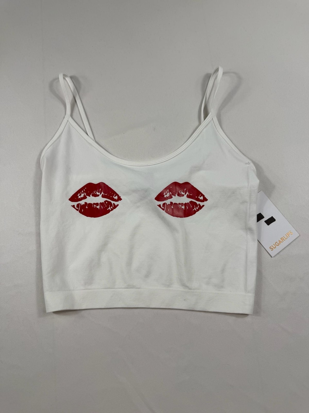 Sugarlips White Spaghetti Strap Crop Tank Top with Red Lips Print