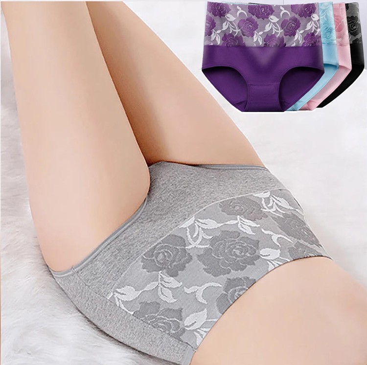 6 Pack High Waist Floral Cotton Panties Plus Size Breathable Slimming Underwear