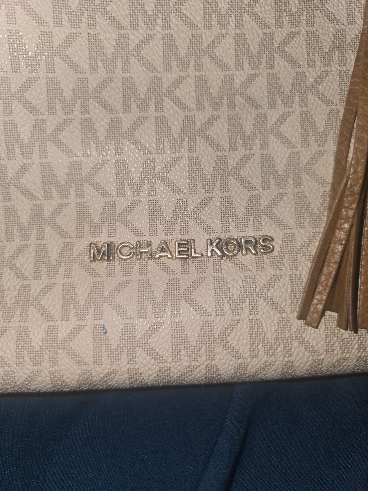 Michael Kors Logo Monogram Shoulder Bag Brown Strap Gold Hardware Tassel Charm