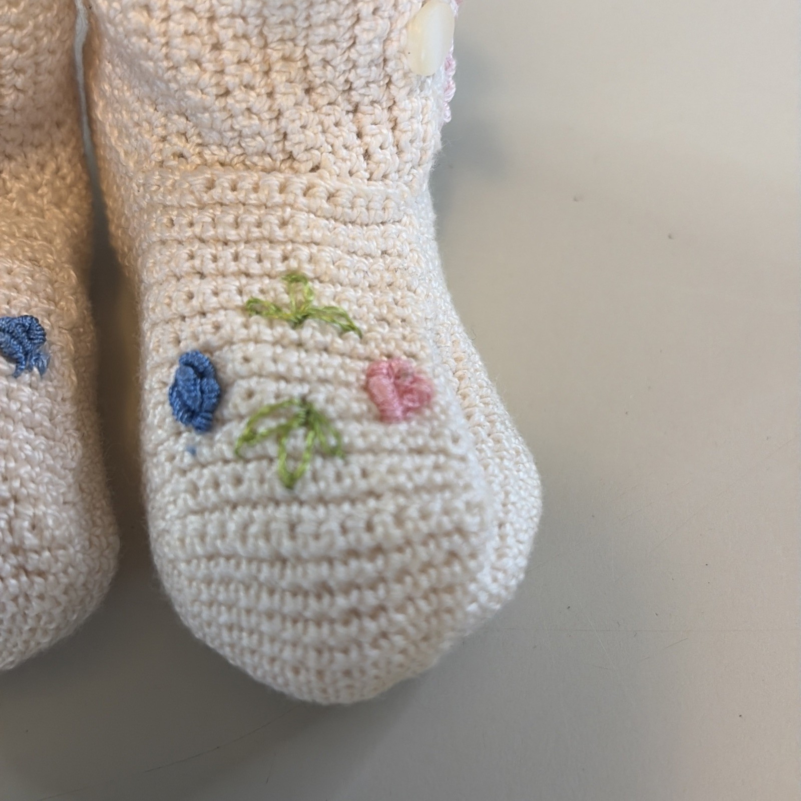 Vintage Hand Crocheted Ivory Pink Blue Flower Infant Booties