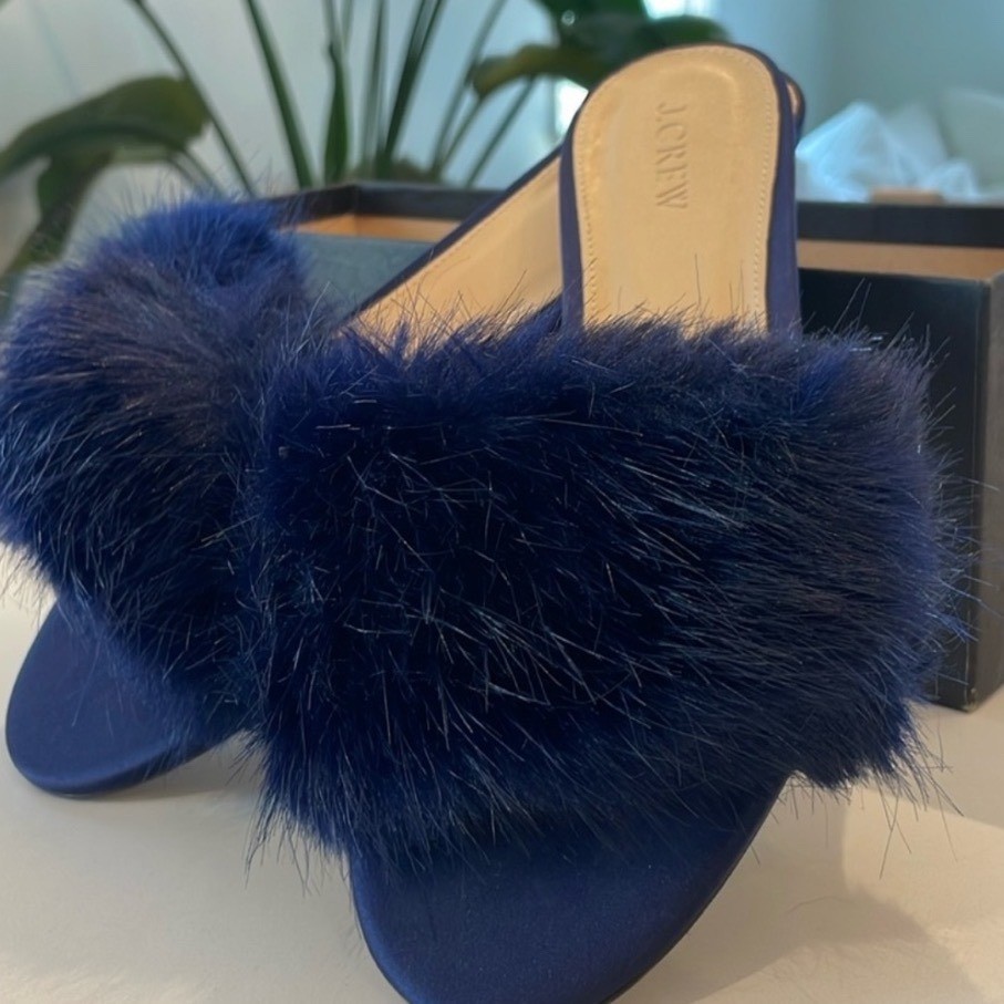 J.Crew Navy Blue Satin Faux Fur Slide Sandals/sleepers flat Mules H1881 Womens