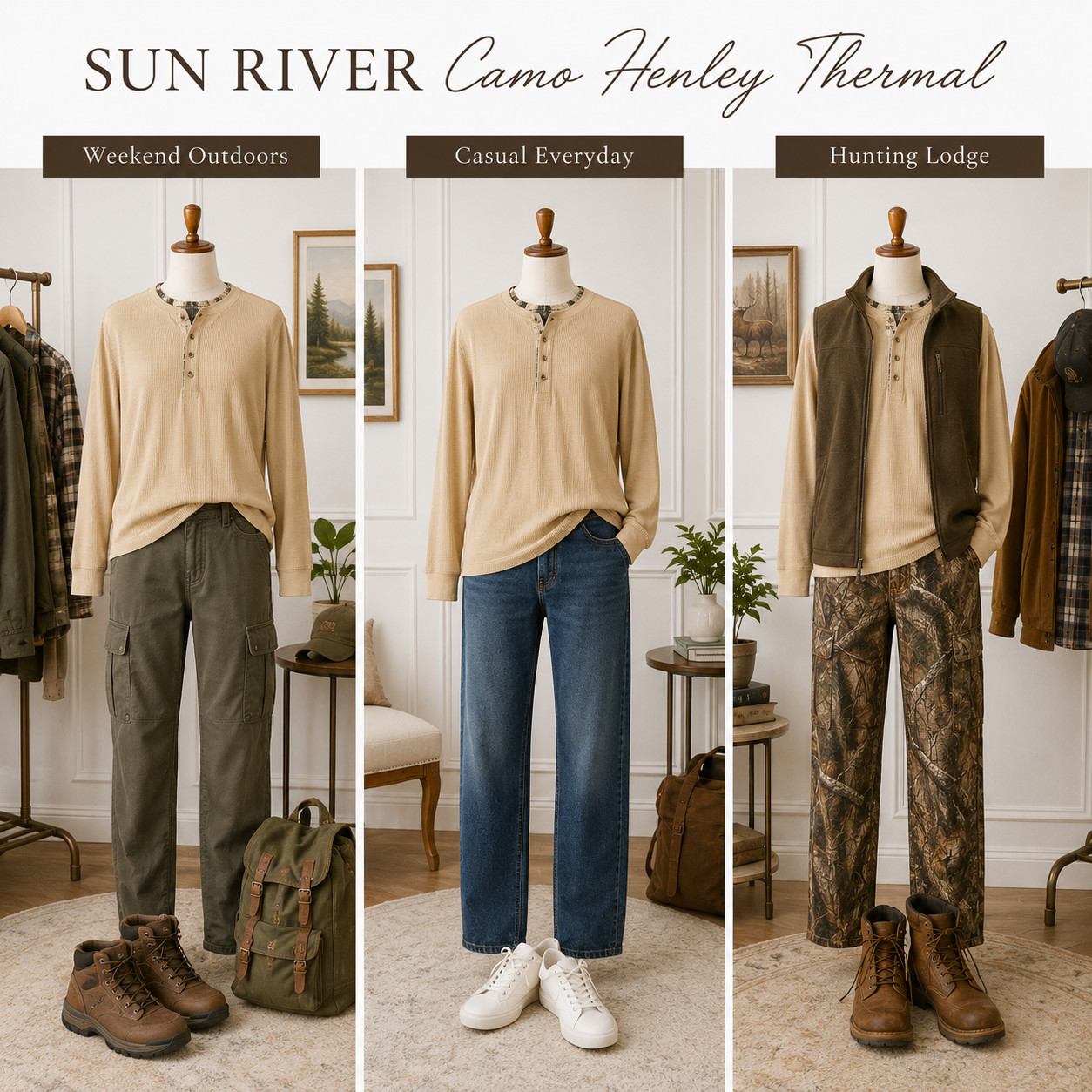 Sun River Mens Henley Shirt Thermal Waffle Knit Camo Trim Beige Long Sleeve