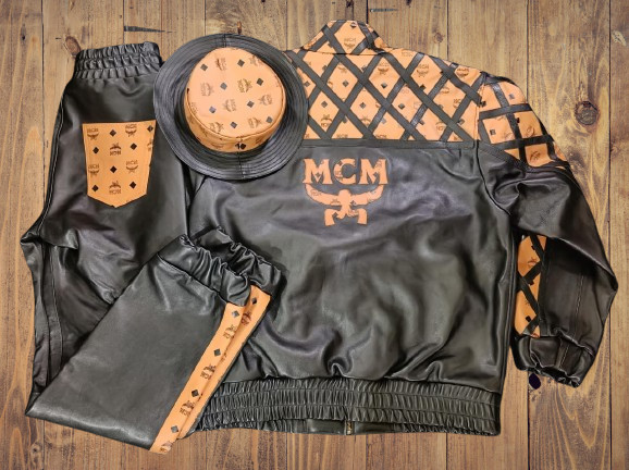 Vintage MCM Black Leather Tracksuit Jacket Pants & Bucket Hat Monogram Logo Set