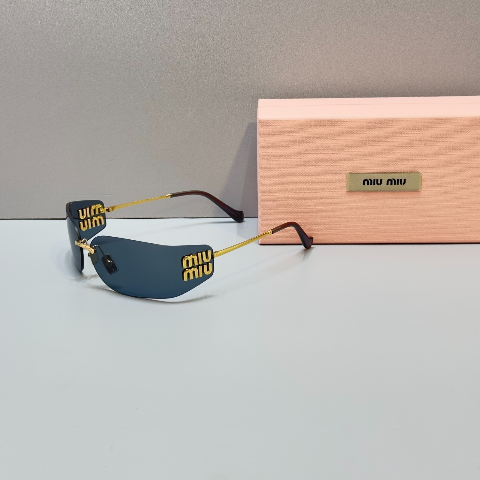 Miu Miu MU A51S Shield Sunglasses Gold Frame Black Lens Logo Rimless New W/Box
