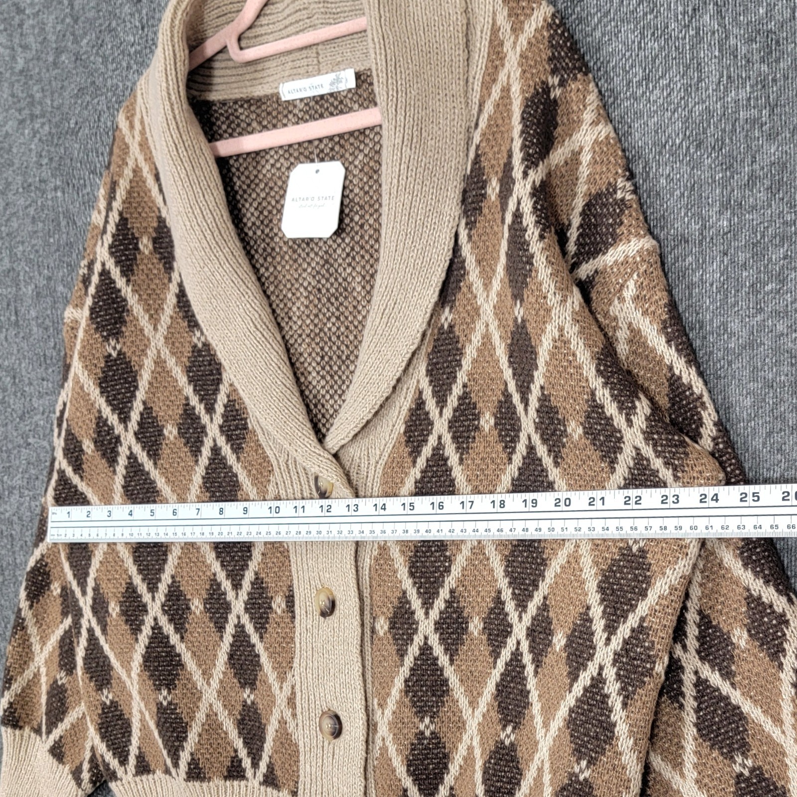 Altar’d State Sweater Womens Medium Brown Argyle Shawl Collar Grandpa Cardigan