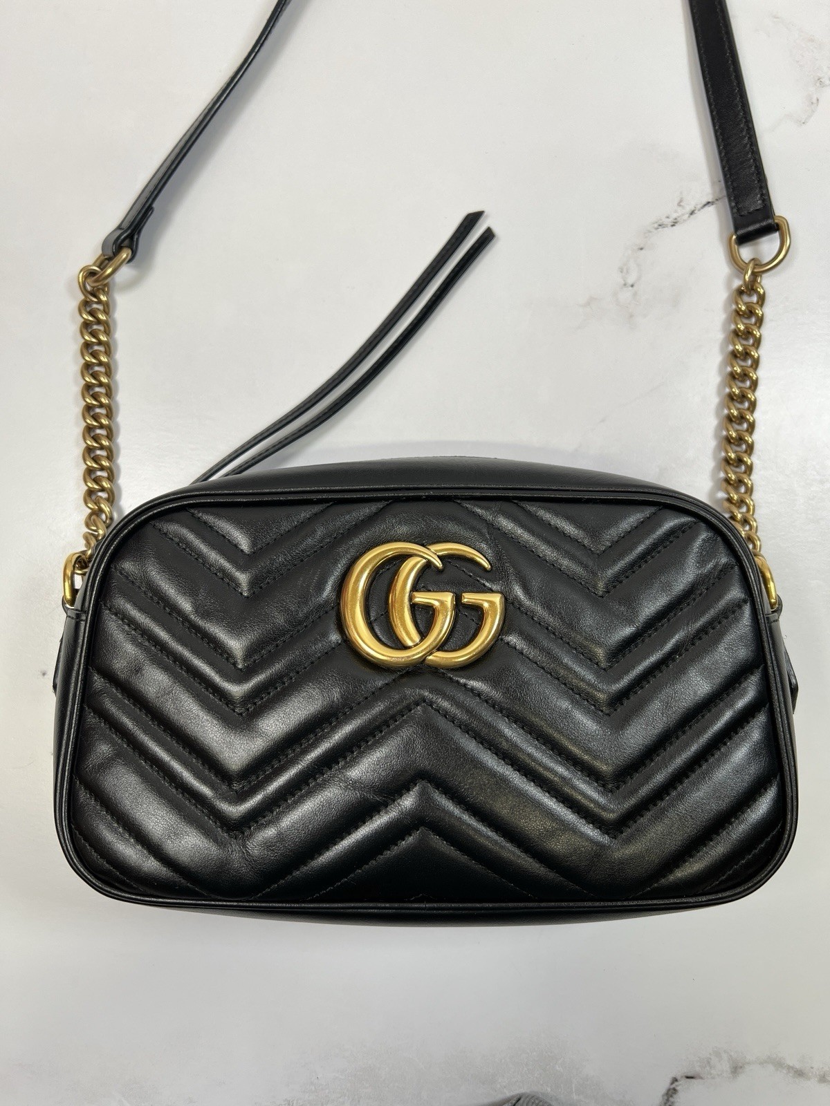 Gucci GG Matelasse Marmont Chain Leather Zip Camera Crossbody Bag Purse