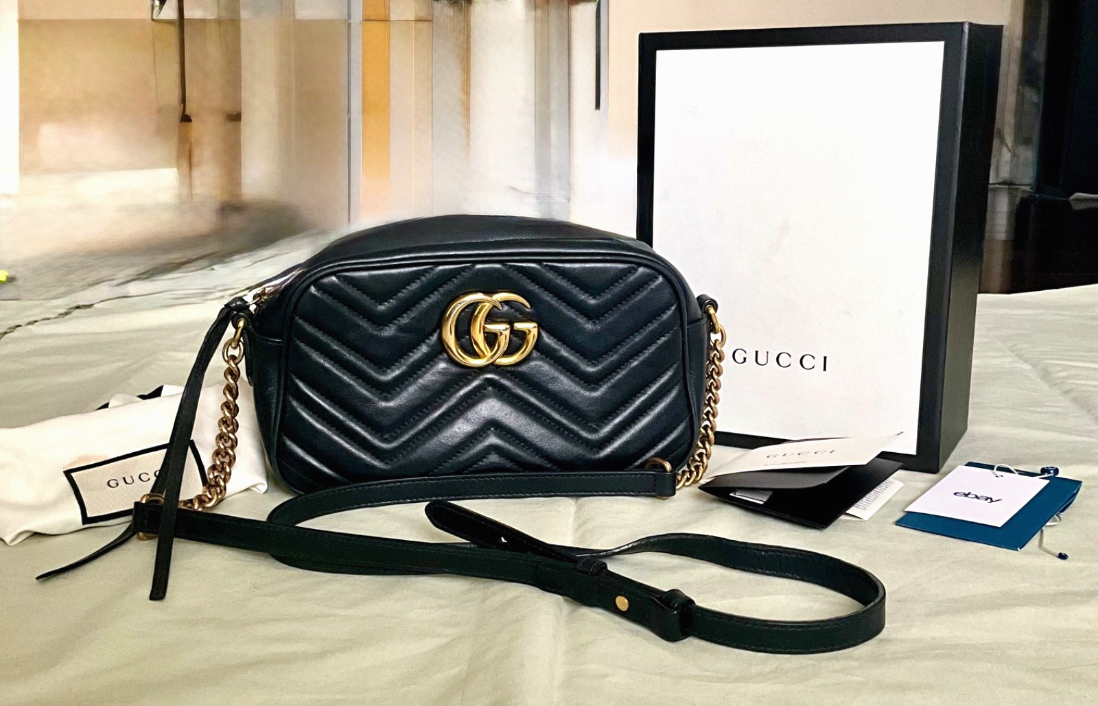 AUTH Gucci GG Marmont Black Quilted Chevron Gold Chain Crossbody Bag