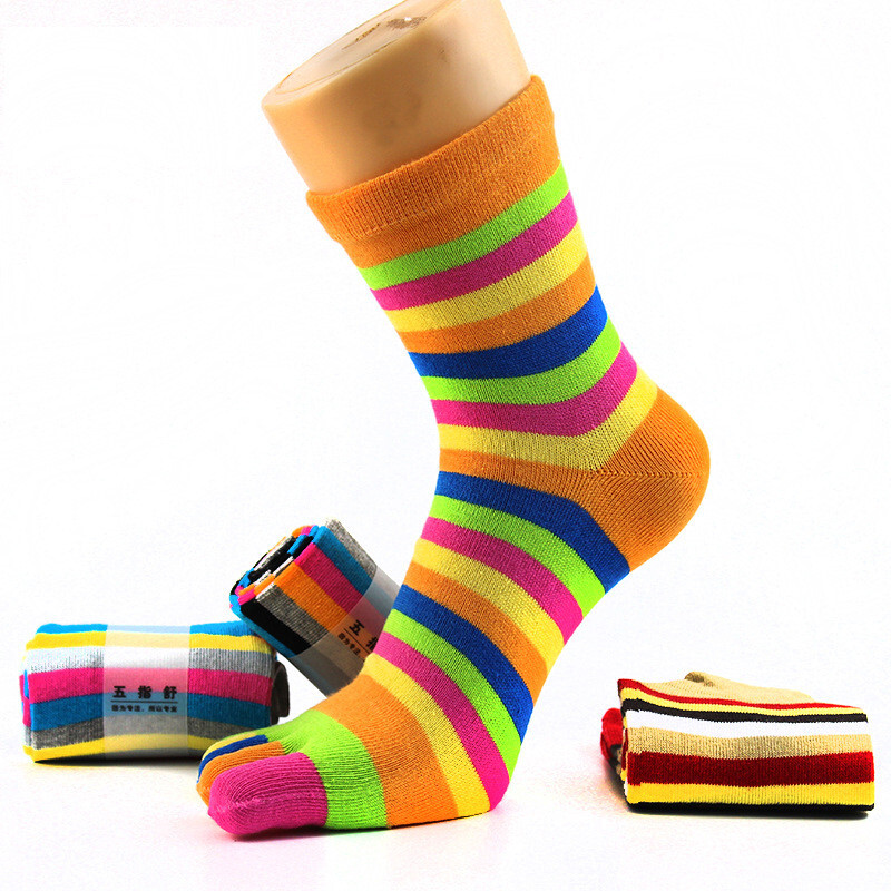 5 Pairs Women Five Finger Toe Socks Crew Sport Colors Causal Rainbow Striped 5-9