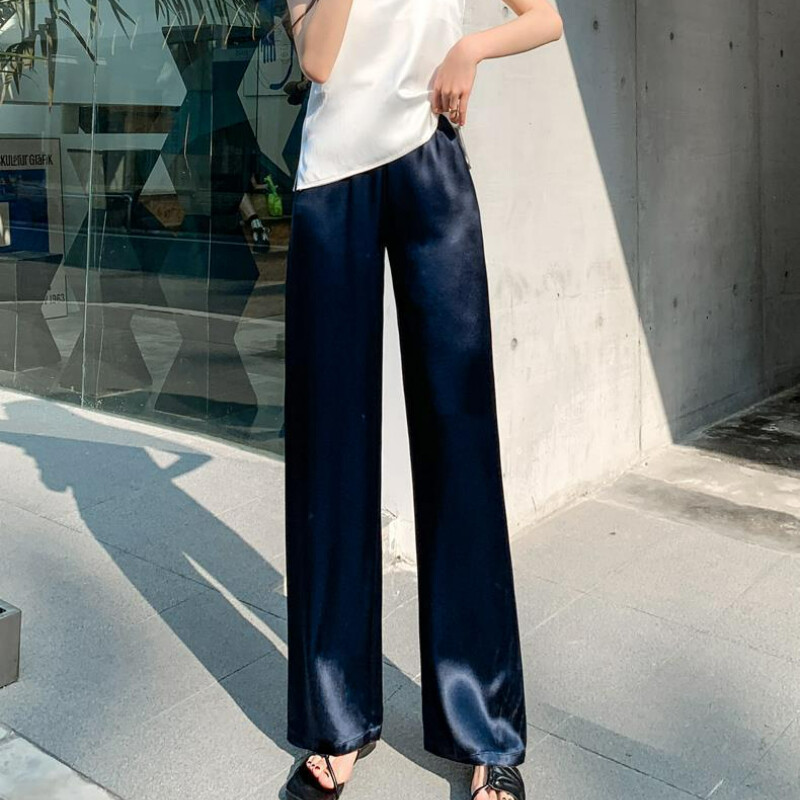 Women Satin Traight-leg Pants Faux Silk Pearlescent Trousers Elastic Waist
