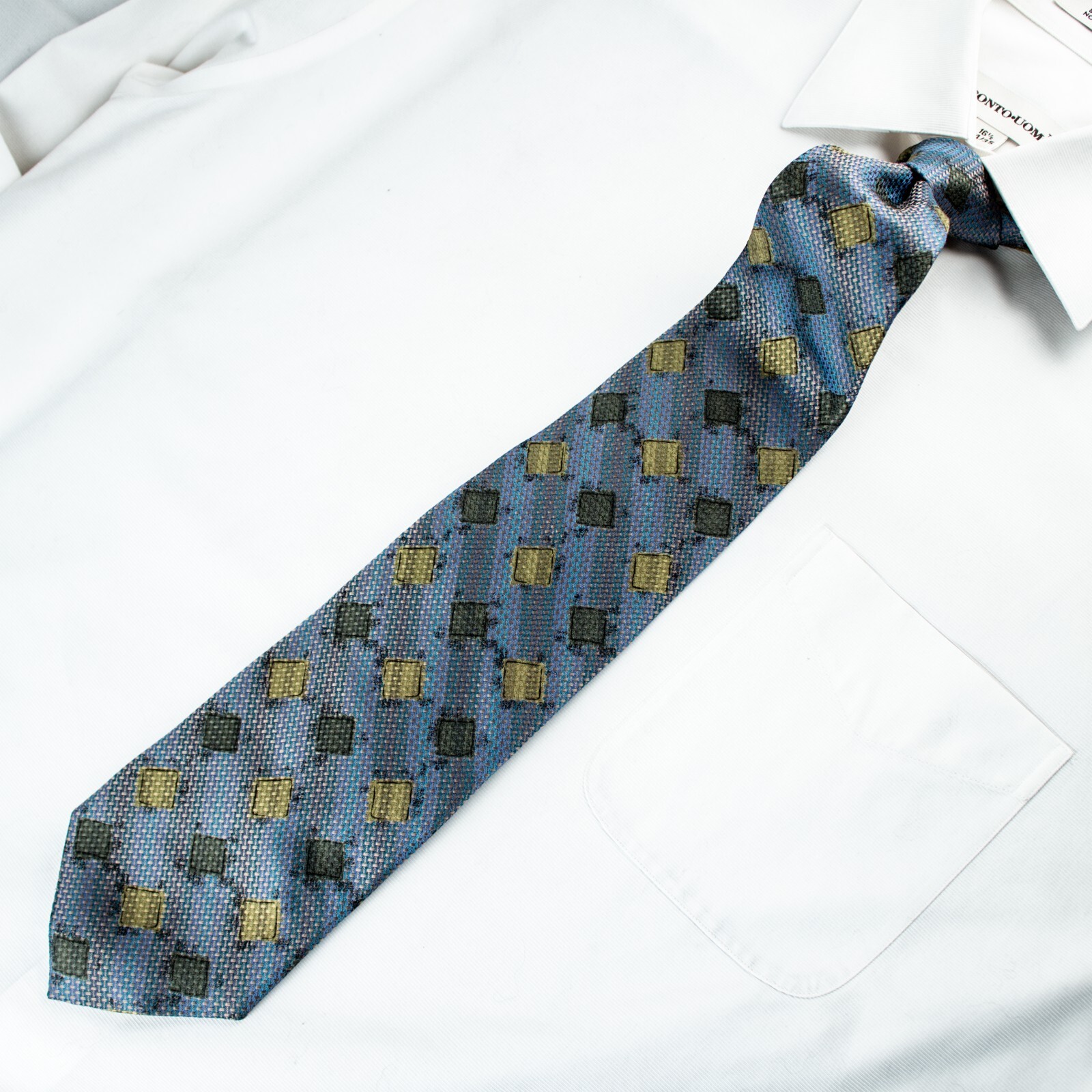 ERMENEGILDO ZEGNA Blue Yellow Green Geomet Silk Woven Necktie TIE 58″L x 3.75″W