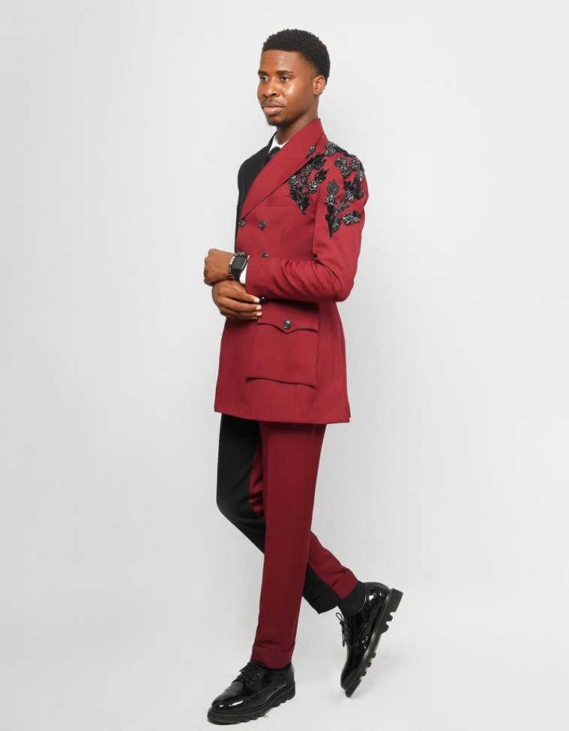 Men’s Color Blocking Pearls Suit Double Breasted Wedding Business Suits 2 Pieces