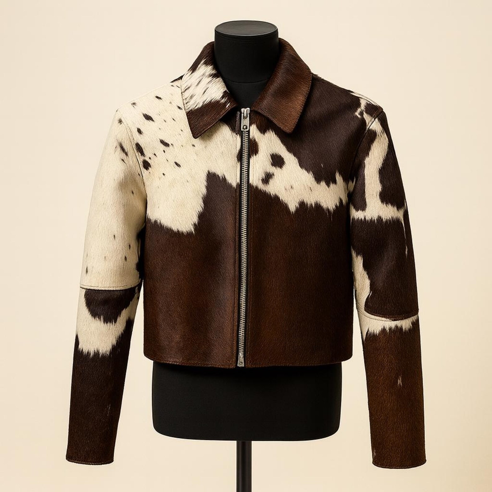 Cowhide Leather Jacket Brown White Hair-On Western Zipper Coat