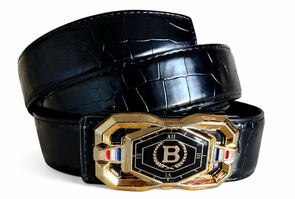 Elegant Fashion Men Belt Adjustable Gold Buckle Crocodile Black Length 51 in new
