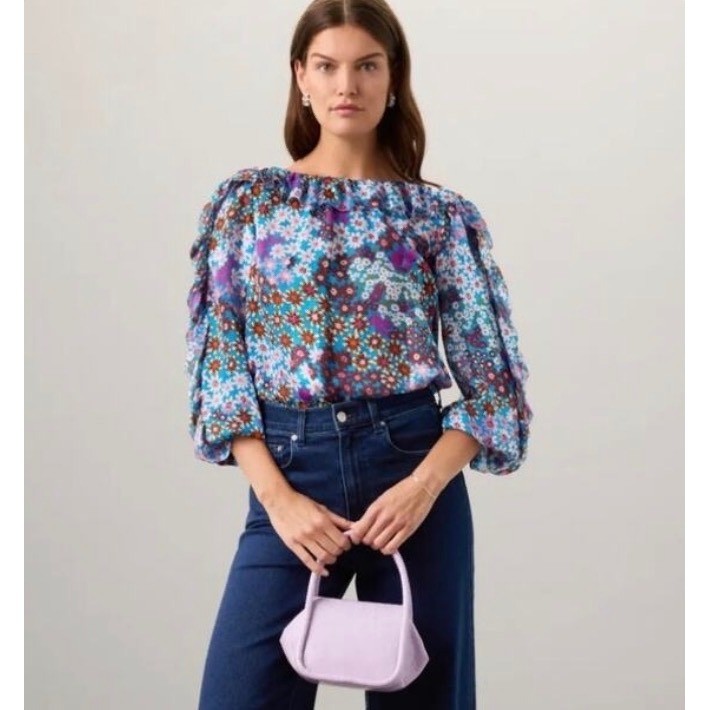 Kate Spade Pacific Petals Chiffon Blouse Womens M Ruffle Long Sleeve 100% Silk