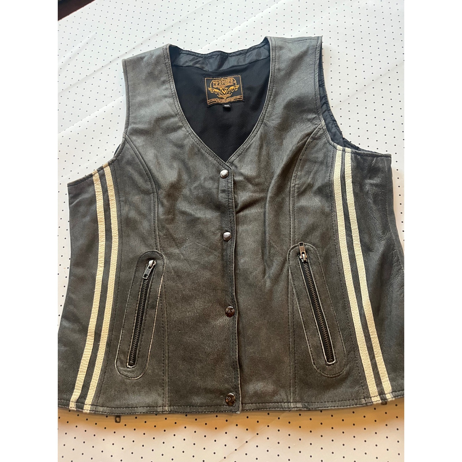 Milwaukee Leather Distressed Gray Racing Stripe Moto Vest 3XL Womens Mens Biker