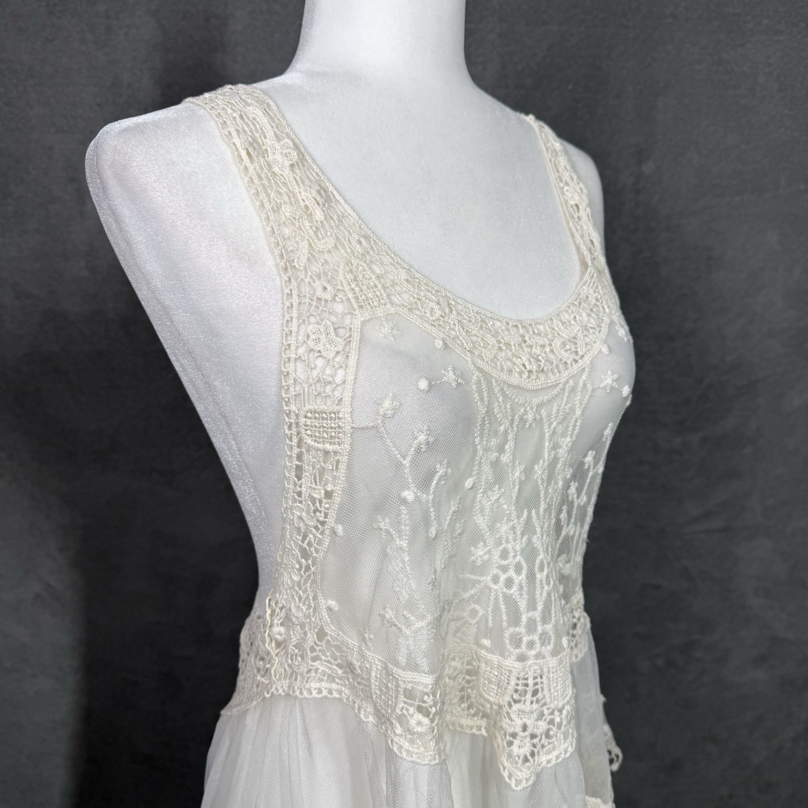 Lace Tank Top Boho Sheer Crochet Mesh Racerback Ruffle Hem One Size Ivory