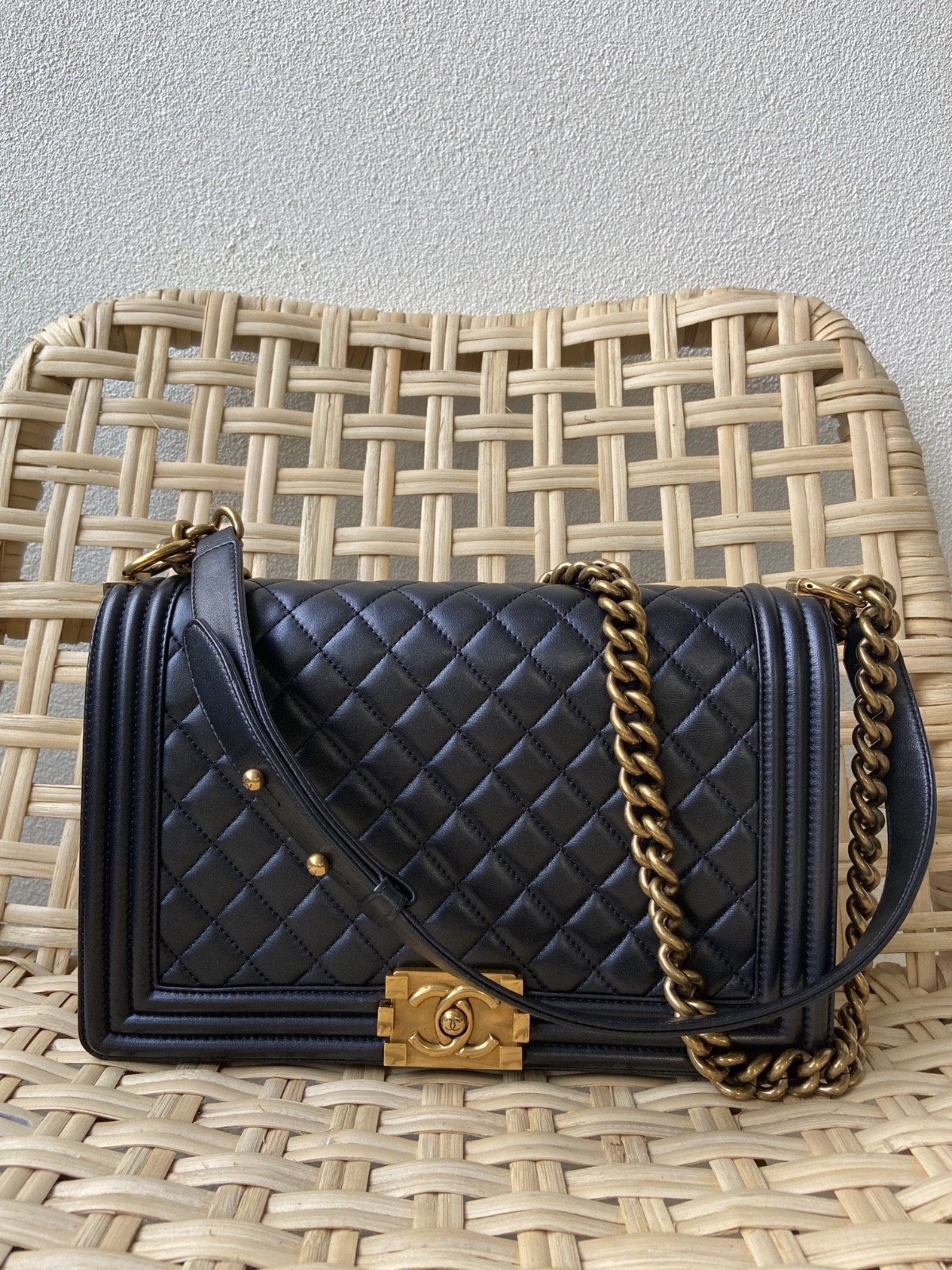 100% Authentic Chanel Boy Large Black Quilted Calfskin Leather Shoulder Bag