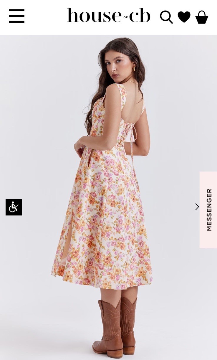 HOUSE OF CB Saira XS Floral Midi A-Line Dress Square Neck Lace-Up Back Slit