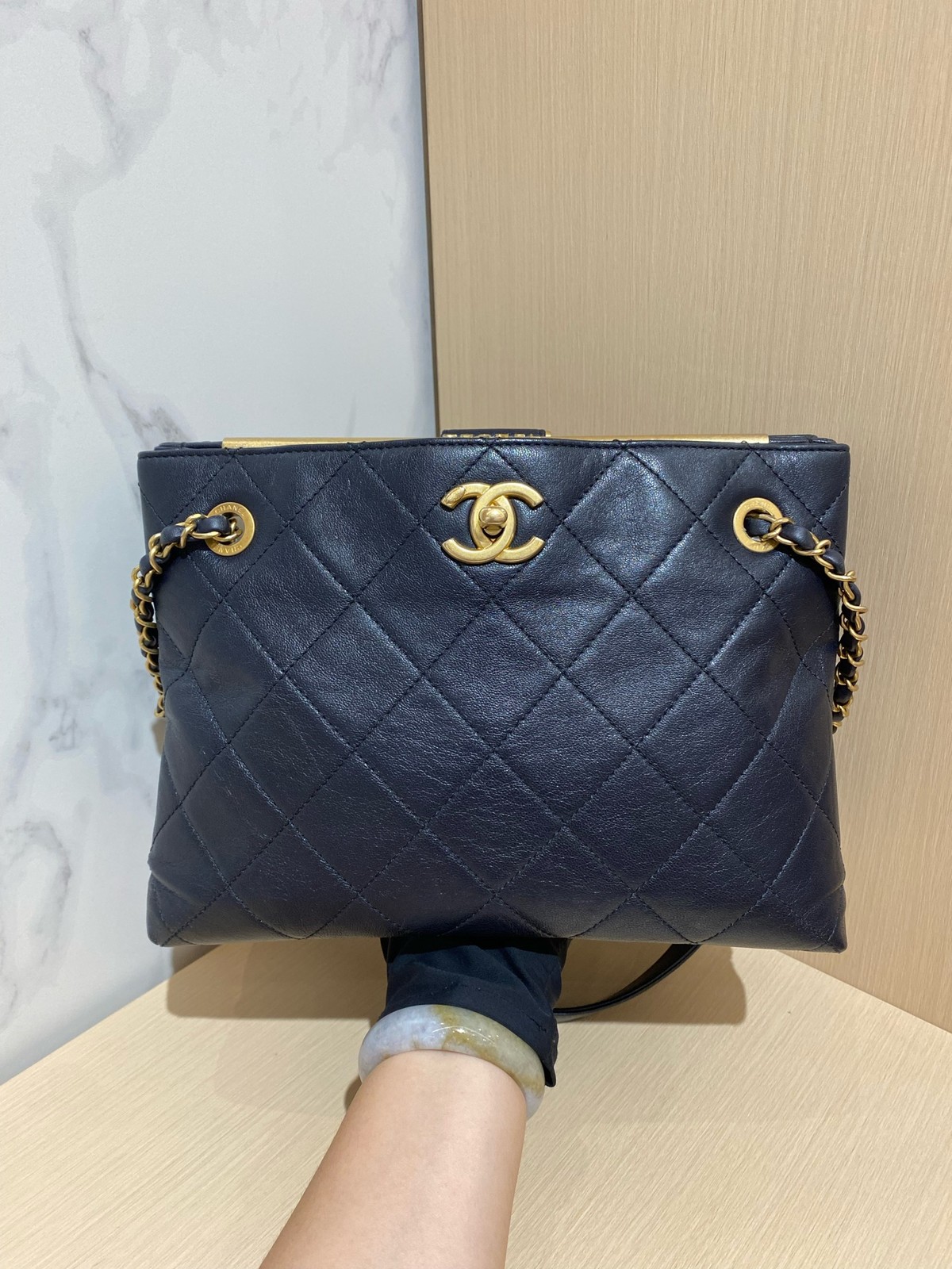 Chanel Quilted Navy Blue Leather 26cm Dual Face Shoulder Tote Bag Duty Paid