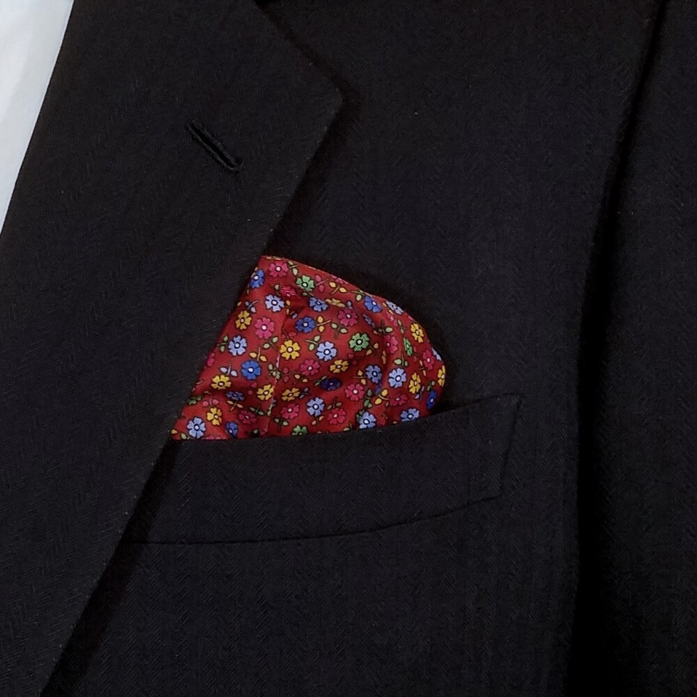 NEW – 100% Silk Pocket Square – Ruby Red with Petite Flowers 12.5in