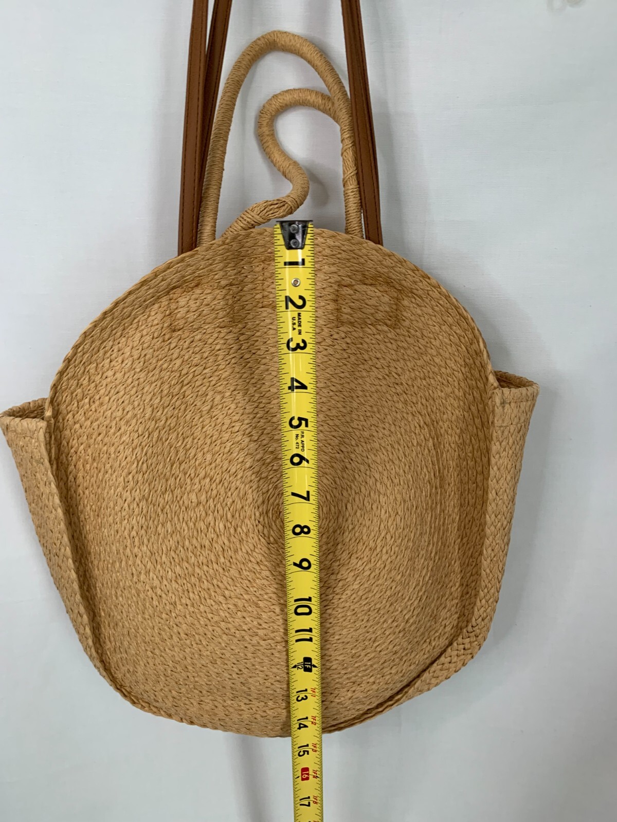 Large Jute Tote Straw Woven Circular Round HandBag Shoulder Straps Tan Beach