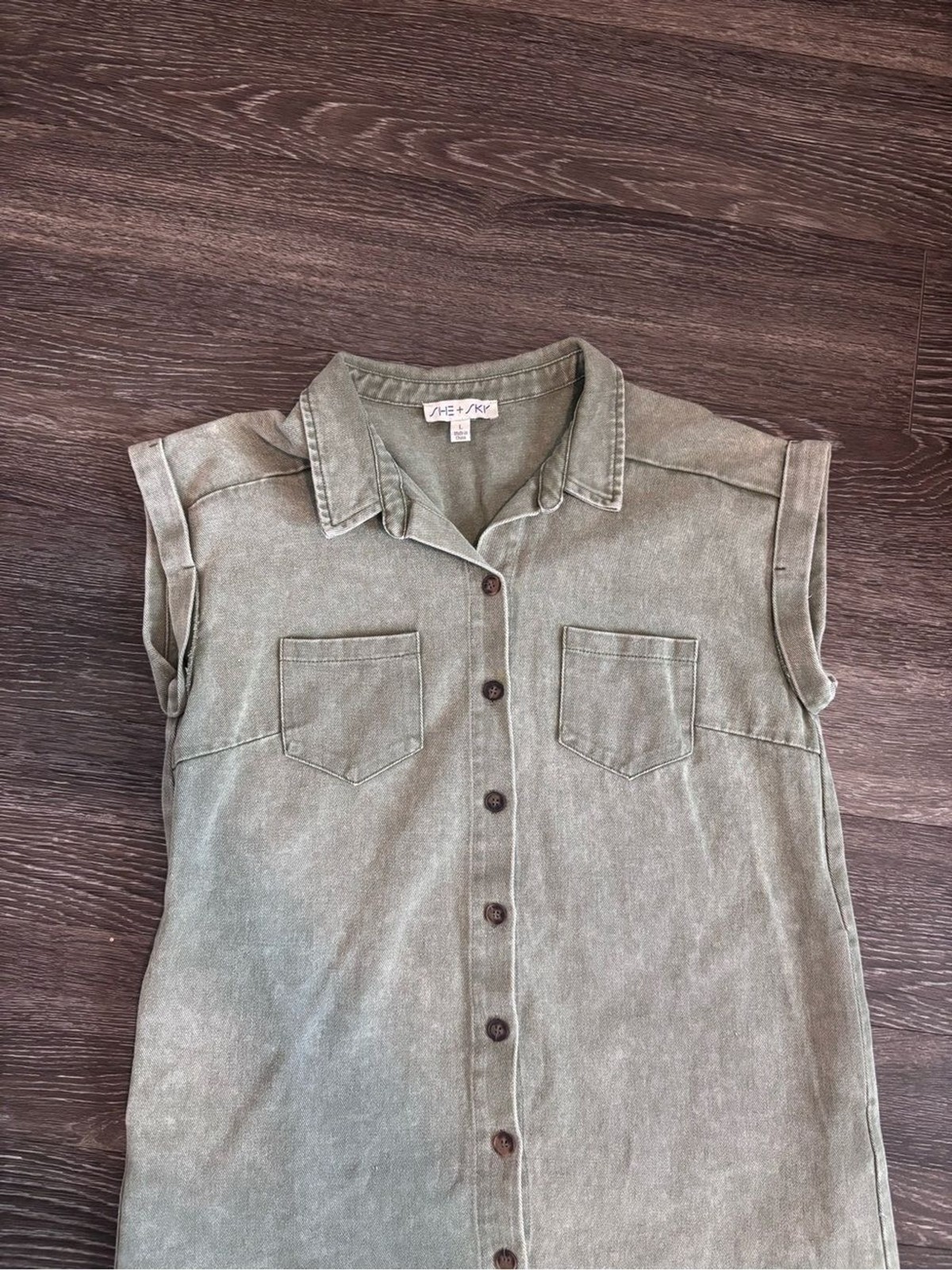 She + Sky Olive Green Mineral Wash Shirt Dress Womens Large Sleeveless Button