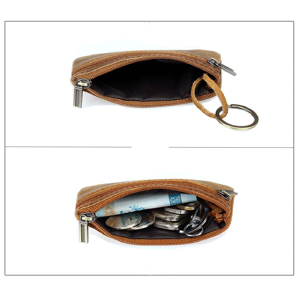 Brown Genuine Leather Small Coin Holder Change Purse Zipper Key card Wallet USA