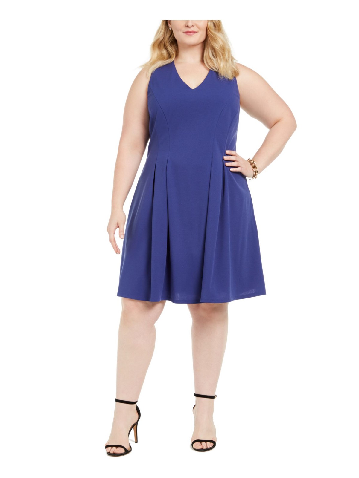 TEEZE ME Womens Fit + Flare Knee Length Dress Sleeveless V Neck Wear To Work