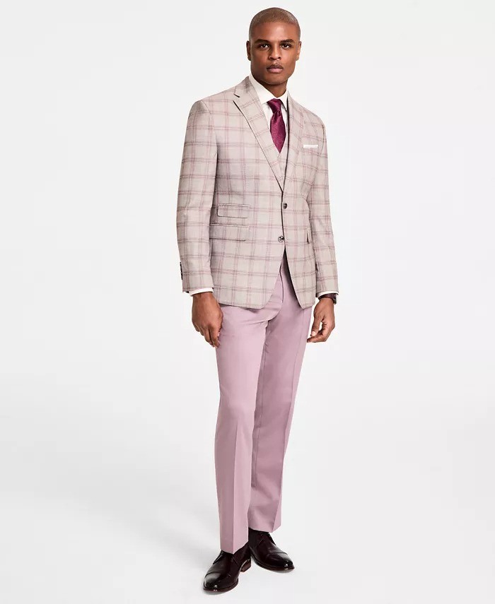 Tayion Mens Regular fit Suit Jacket Blazer 42 R Beige Plaid Stretch