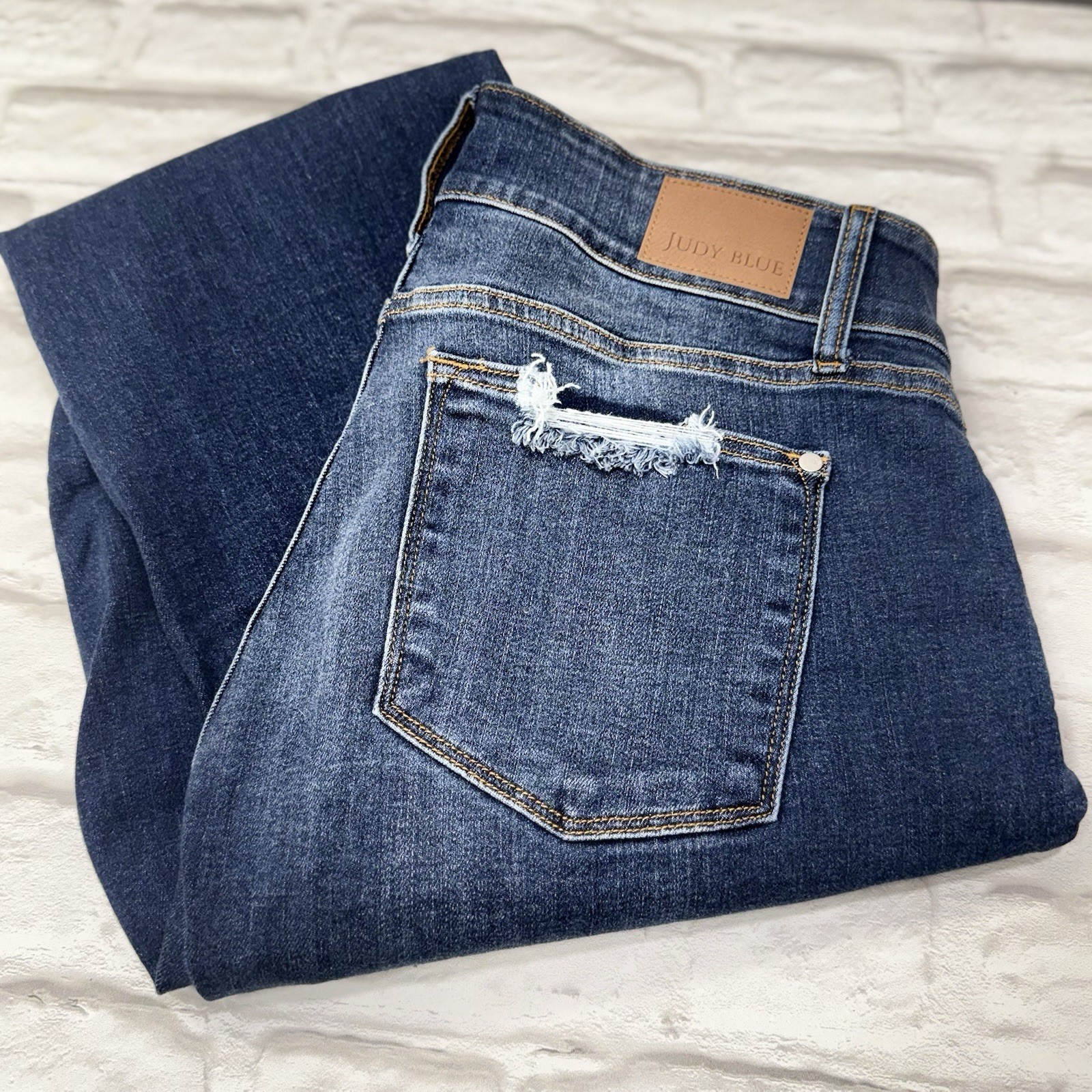 Judy Blue Jeans Womens 18W High Rise Dark Wash Bootcut Stretch Distressed Fringe