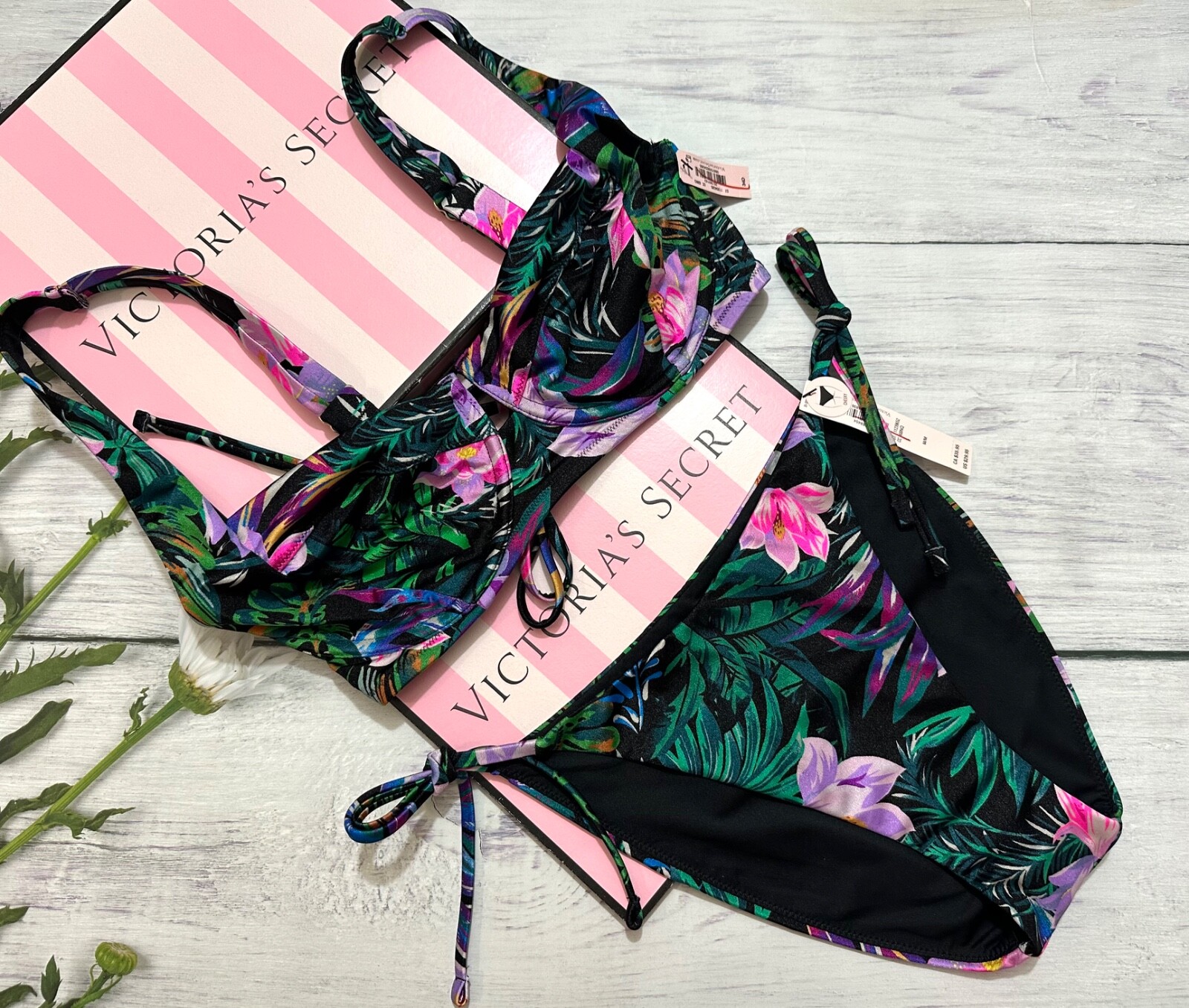 Victoria’s Secret Swim Wicked Sling Top & String Bottom Bikini Set Black Tropica