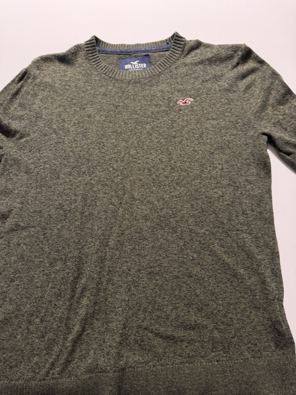 Hollister Men’s Crewneck Sweater Medium Olive Green Marl Pullover Logo Knit M