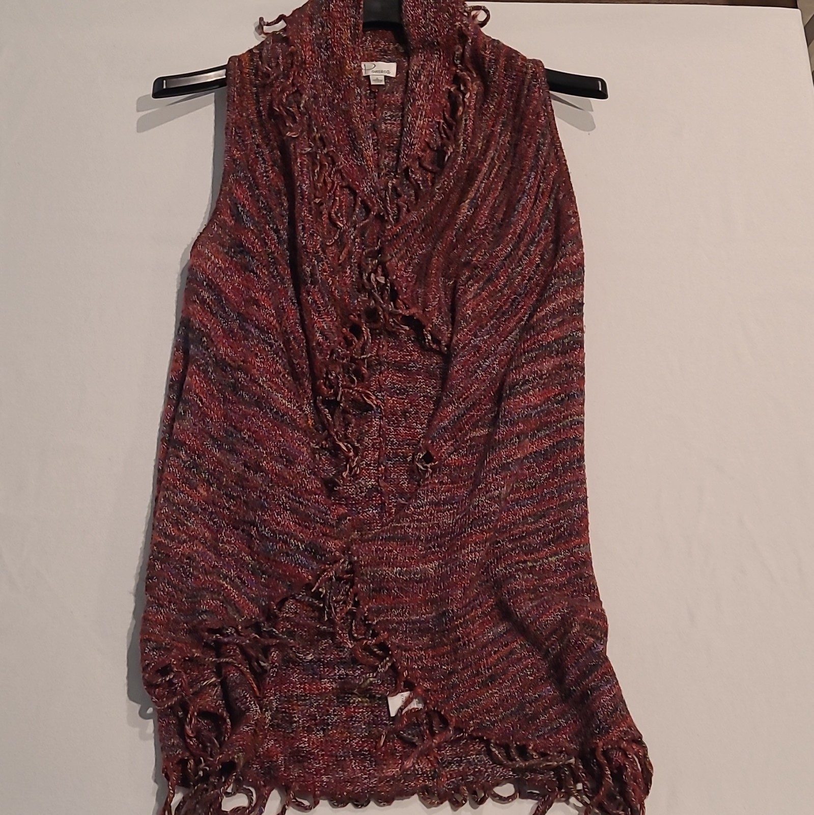 Ponsisa Knit Fringe Vest Shawl | Multicolor Open Front Cardigan Wrap Size Small
