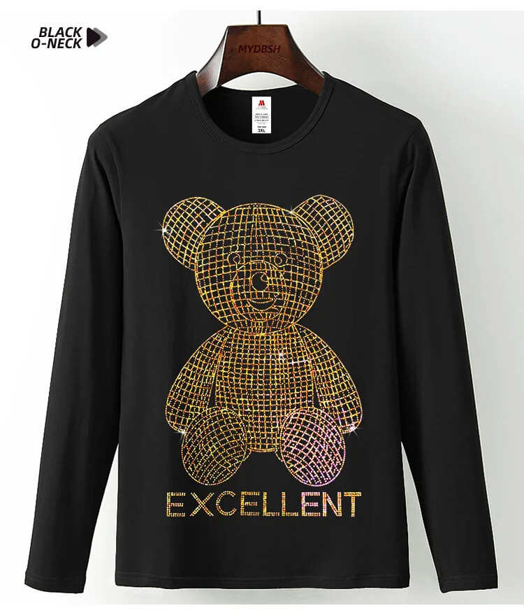 Fashion Trend Bear Rhinestones Streetwear Long Sleeve Luxury Men V-Neck T-Shirt