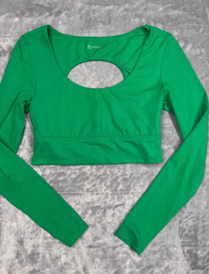 Aerie Offline Cropped Active Wear Long Sleeve Open Back Top In Green Small