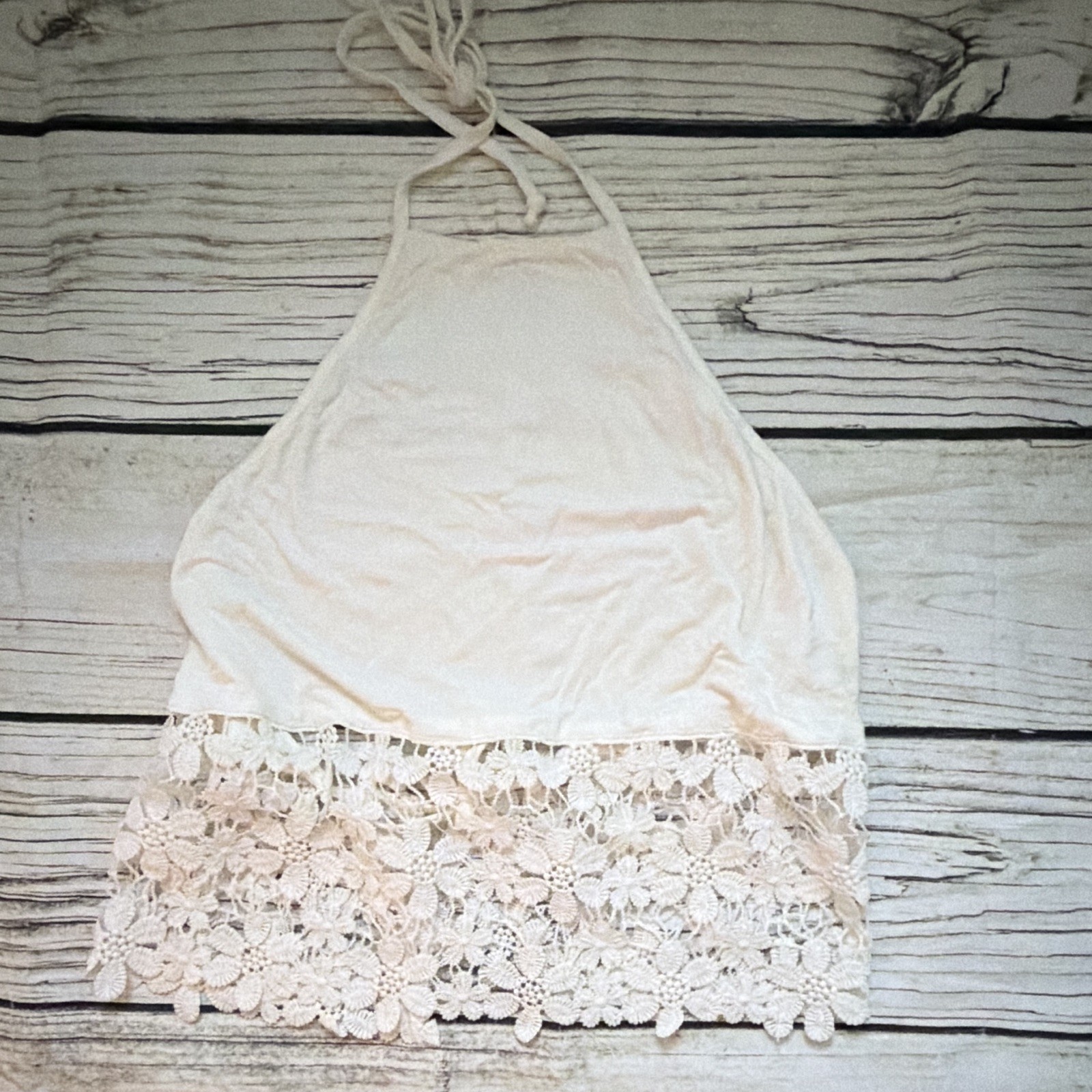 Olivaceous Women’s Ivory Halter Tie Back Lace Knit Festival Top Lightweight L